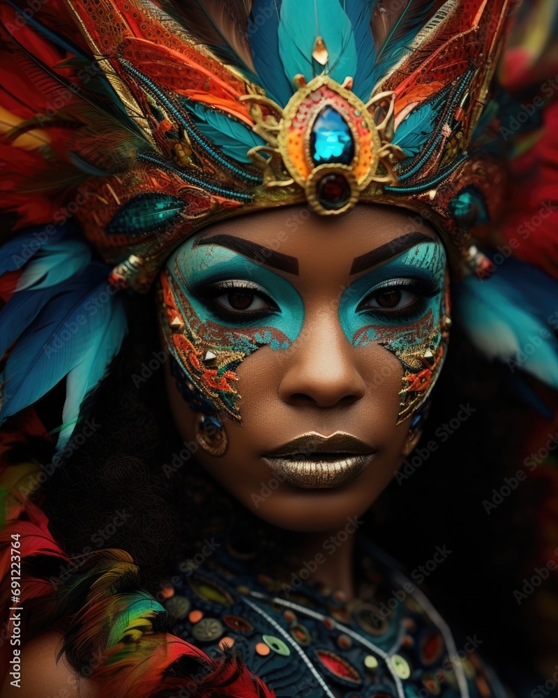 Woman with carnival mask and colorful feathers
