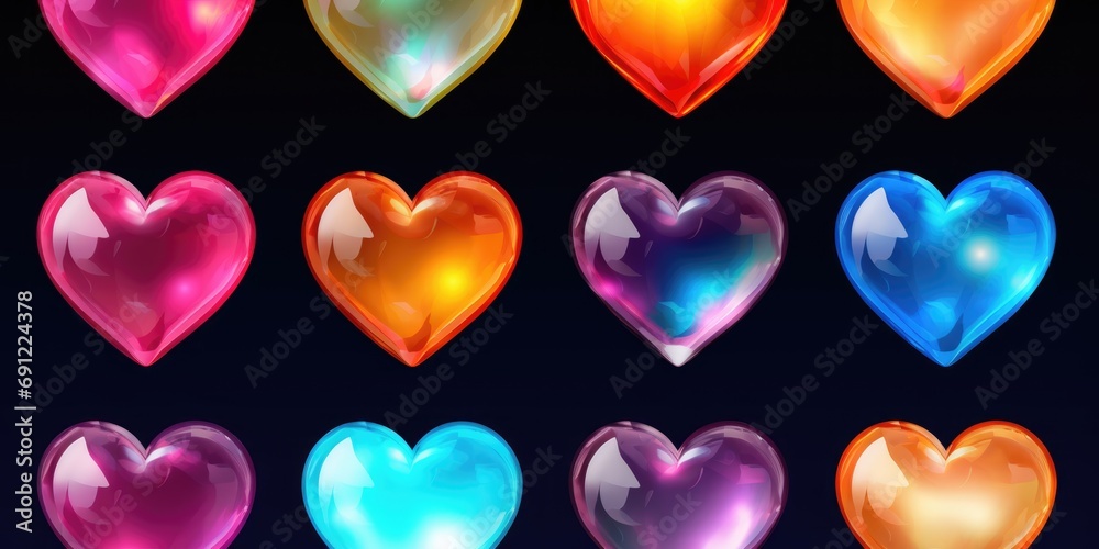 Row of colorful hearts black background