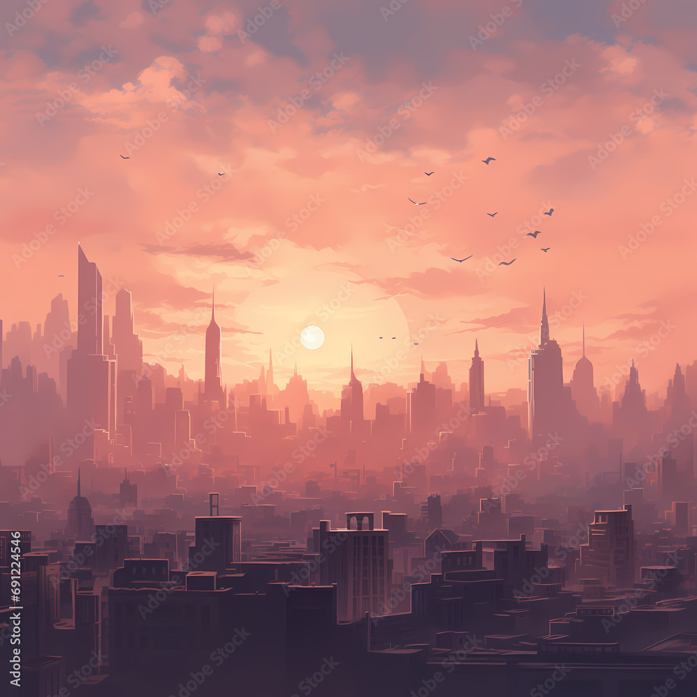 A city skyline at dawn with soft, muted colors