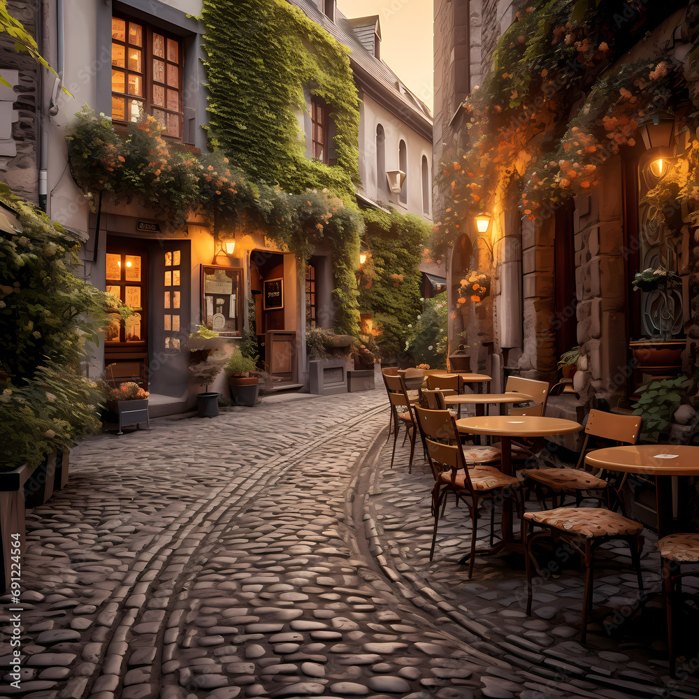 A charming cafe on a cobblestone street