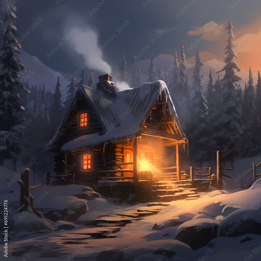 A cozy winter cabin with smoke rising from the chimney