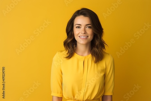 Portrait of smiling young woman in yellow blouse on yellow background