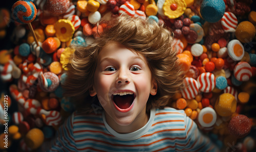 Happy children among sweets, candies, cookies, chocolates, lollipops, with energy and smile.