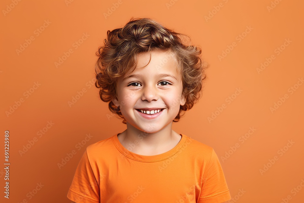 Portrait of a smiling little boy with curly hair on orange background Portrait of a smiling little boy with curly hair on orange background