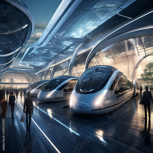 A futuristic train station with sleek, high-speed trains