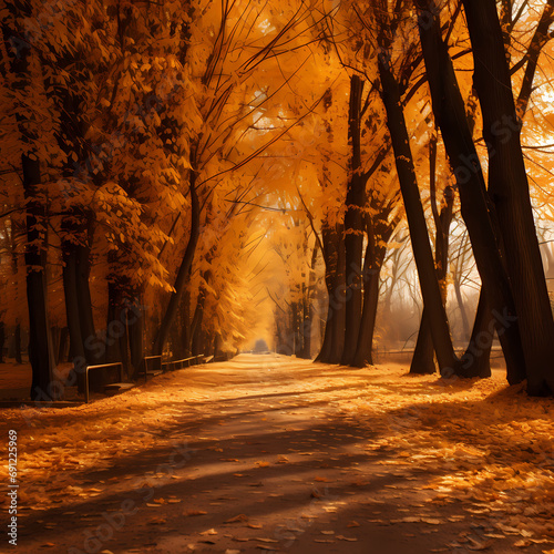 A golden autumn forest with leaves falling