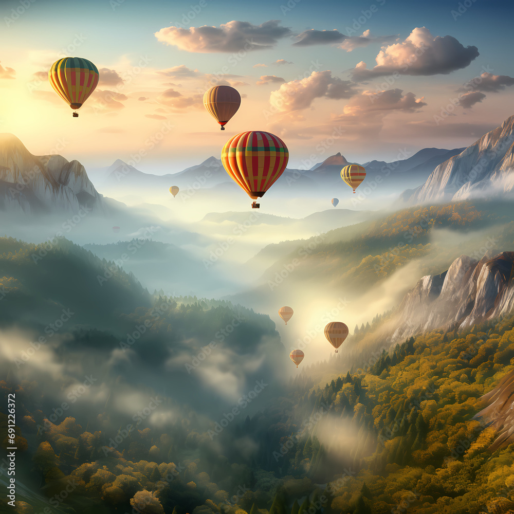 A group of hot air balloons over a misty valley.