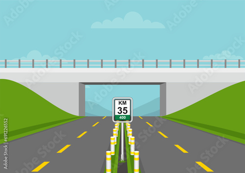 A flyover road over a two way toll road with bridge and traffic sign. Flat vector illustration template.