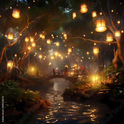 A magical forest with floating lanterns