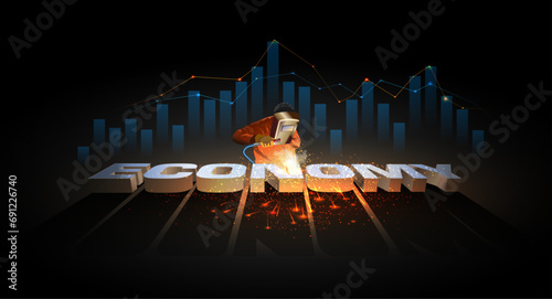 Economy production factory concept.Business candle stick graph and  welder worker. welding sparks. vector art illustration