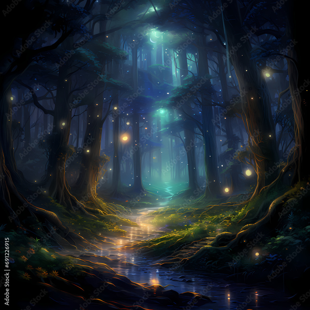 A mysterious forest with glowing fireflies