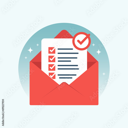 Red open envelope with checklist and checkmark. Approved document or email approval concept. Vector illustration