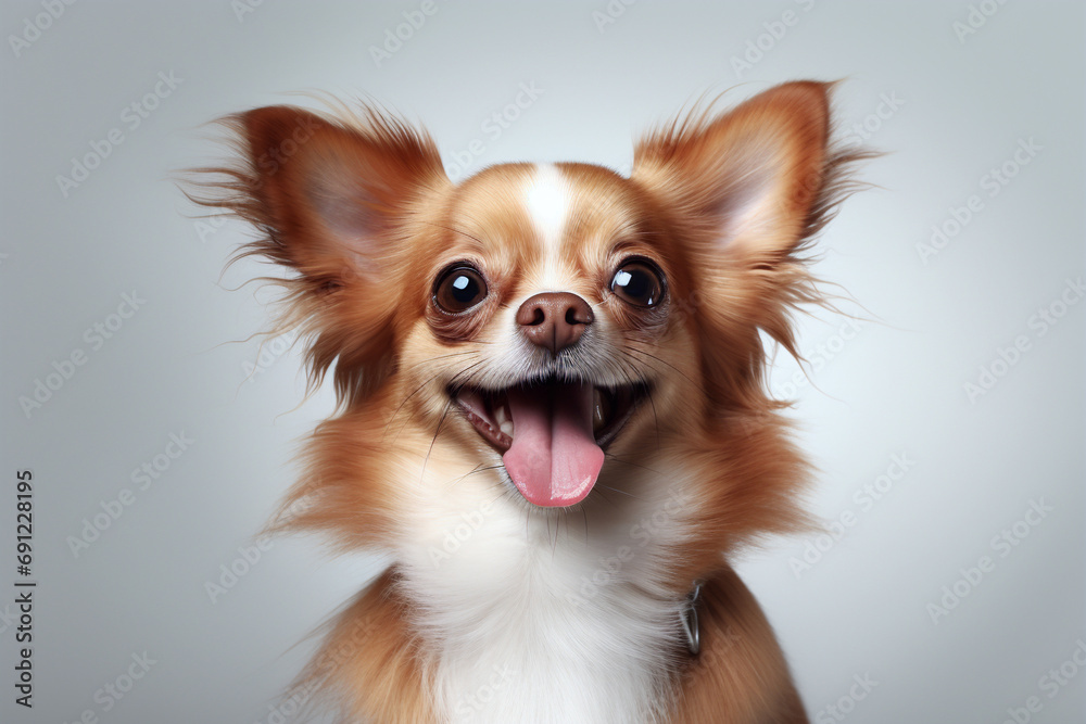 happy cute dog with his mouth wide open, Spitz dog portrait. Studio photo. Day light. Concept of care, education, obedience training and raising pets