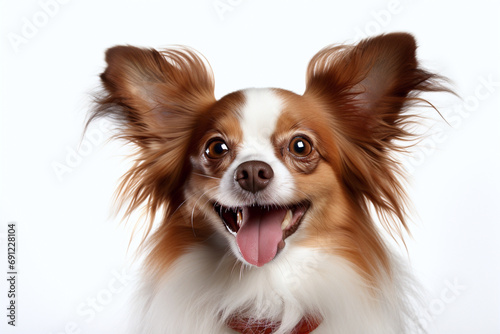 happy cute dog with his mouth wide open, Spitz dog portrait. Studio photo. Day light. Concept of care, education, obedience training and raising pets