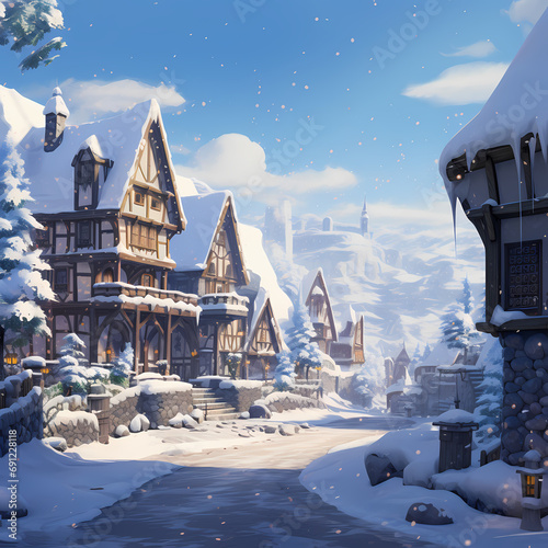 A snowy village with snow-covered rooftops and trees