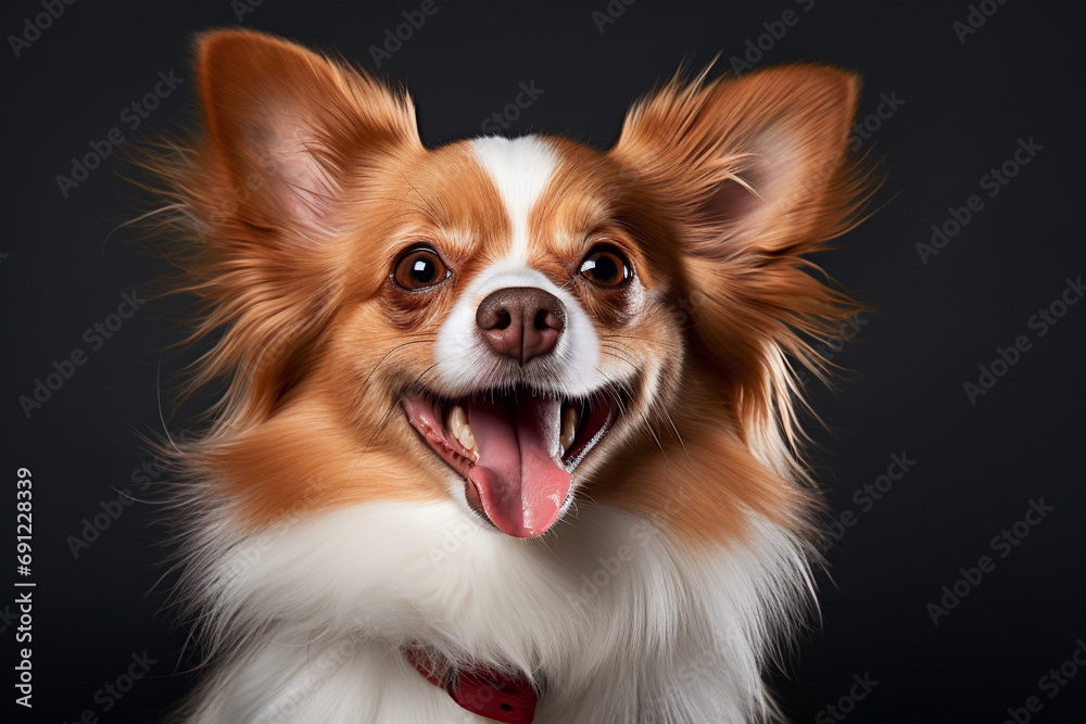 papillon dog portrait. Studio photo. Day light. Concept of care, education, obedience training and raising pets