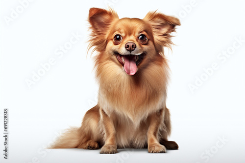 happy cute dog with his mouth wide open, pomeranian dog portrait. Studio photo. Day light. Concept of care, education, obedience training and raising pets