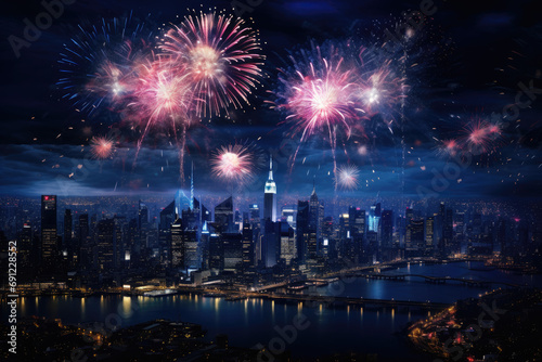 Dynamic New Years Eve top view with vibrant fireworks, champagne flutes, and city reflections