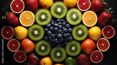 Various different kinds of fresh fruits. Flat lay  top view