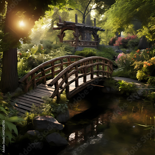 A tranquil garden with a wooden bridge