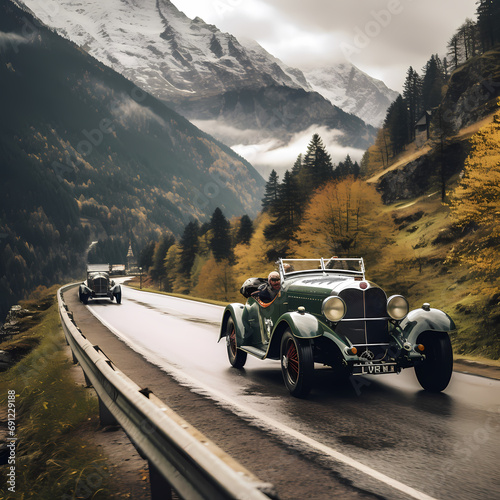 A vintage car rally through scenic mountains.