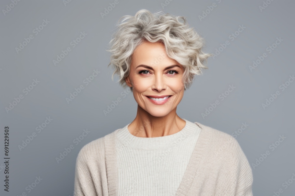 Portrait of happy middle aged woman in sweater, over grey background.