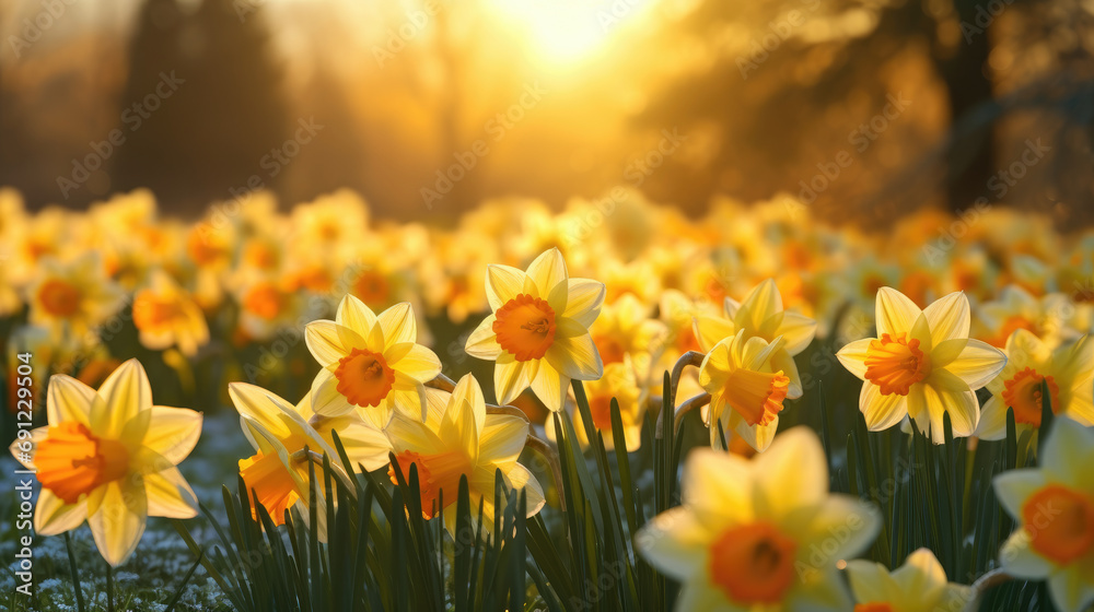 Golden Daffodil Meadow, a Sunny Background for Cheerful and Positive Photography