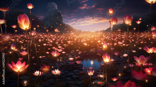 Glistening Night Blossoms, A Beautiful Flower Display Lit Up by Lanterns in the Sky