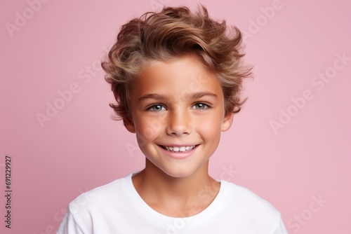 Portrait of a cute smiling little boy with blond hair on a pink background