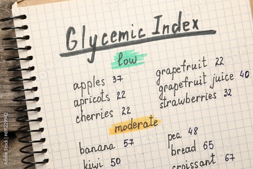 List with products of low and moderate glycemic index in notebook on wooden table  top view
