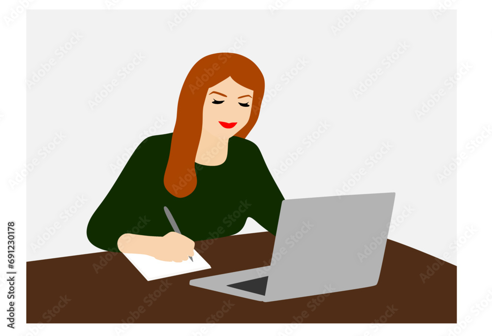 Businesswoman, successful entrepreneur using computer and writing notes while sitting at workplace in office. Colorful illustration portrait business woman working on pc laptop. Woman studying. Businesswoman, successful entrepreneur using computer and writing notes while sitting at workplace in office. Colorful illustration portrait business woman working on pc laptop. Woman studying.
