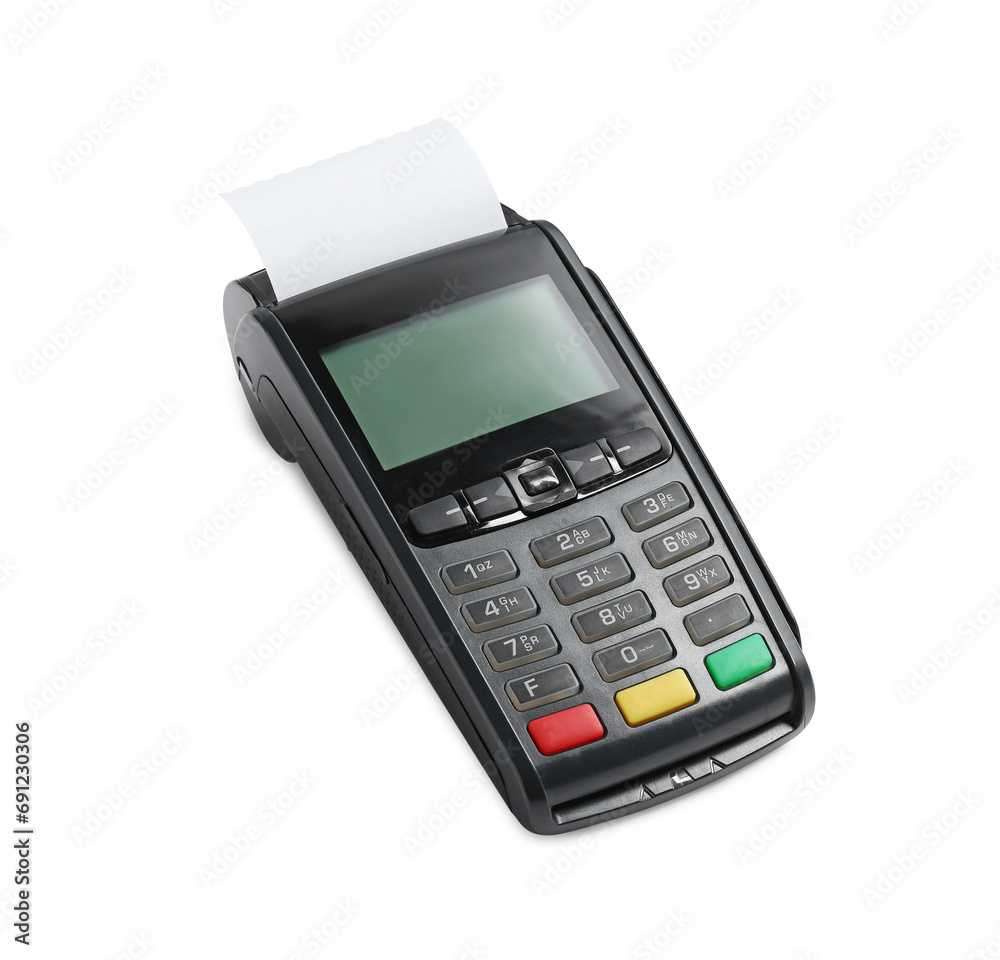 Payment terminal with thermal paper for receipt isolated on white Payment terminal with thermal paper for receipt isolated on white