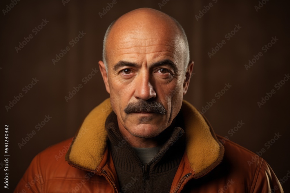 Portrait of an old man with a mustache and a brown jacket