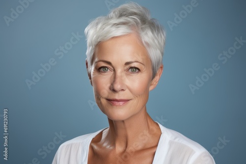Portrait of beautiful senior woman with grey hair on blue background.