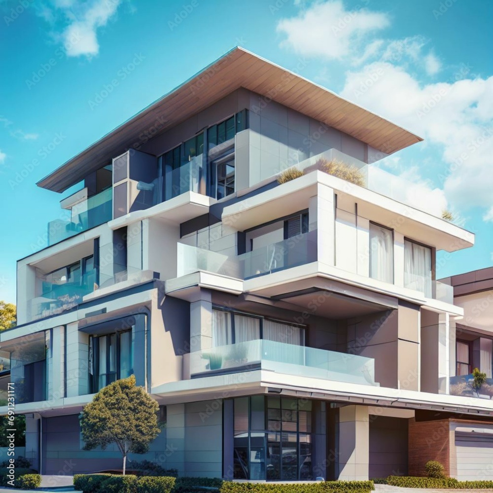 Modern apartment buildings on a sunny day with a blue sky. Facade of a modern apartment building