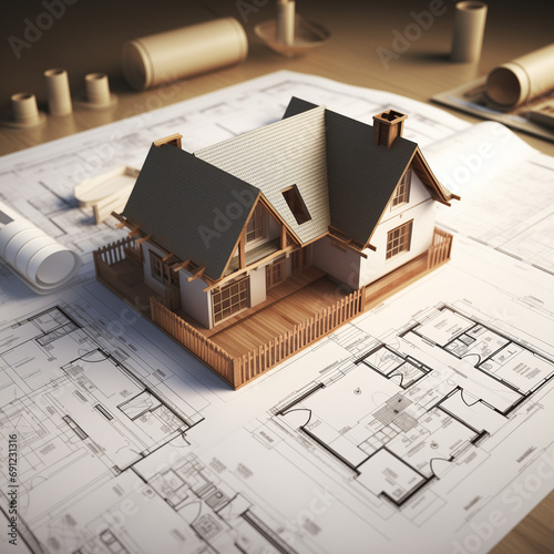 3d small house model on architecture floor plan.