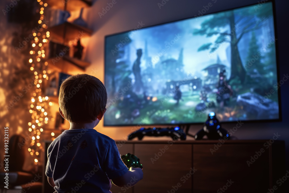 Children playing video games with LED television sitting on the floor in the room at night. Children playing video games with LED television sitting on the floor in the room at night.