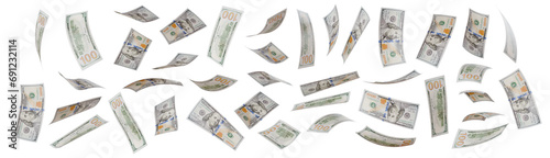 Variety of Falling One Hundred Dollar Bills Isolated. Transparent PNG. photo