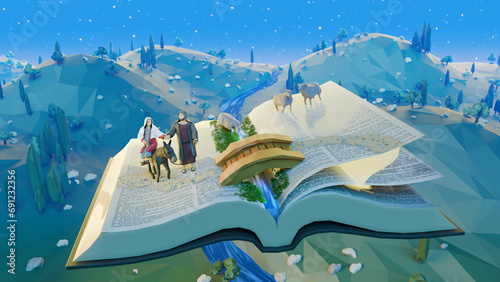 Maria and Joseph walking on the book of Bible with donkey with ancient Israel themed background. Gospel of Luke, Christmas nativity in the Bible and sheeps. Low poly 3d illustration.  photo