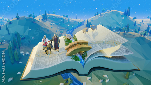 Maria and Joseph walking on the book of Bible with donkey with ancient Israel themed background. Gospel of Luke, Christmas nativity in the Bible and sheeps. Low poly 3d illustration. 