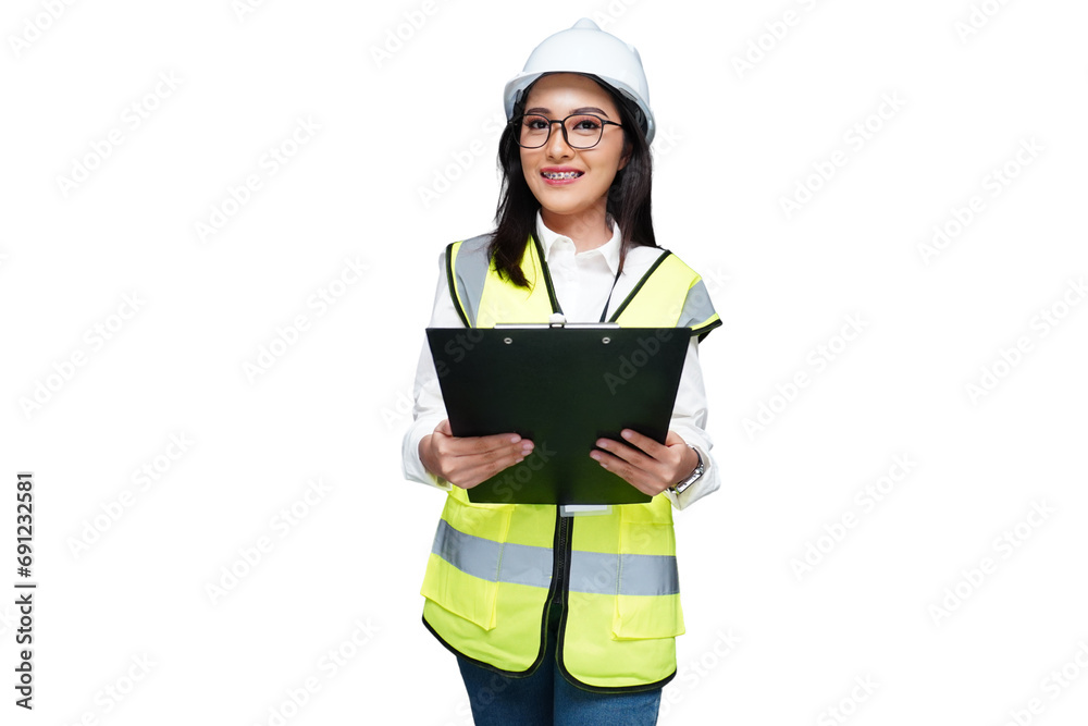 Young female architect wearing a helmet is carrying a folder isolated transparent Young female architect wearing a helmet is carrying a folder isolated transparent