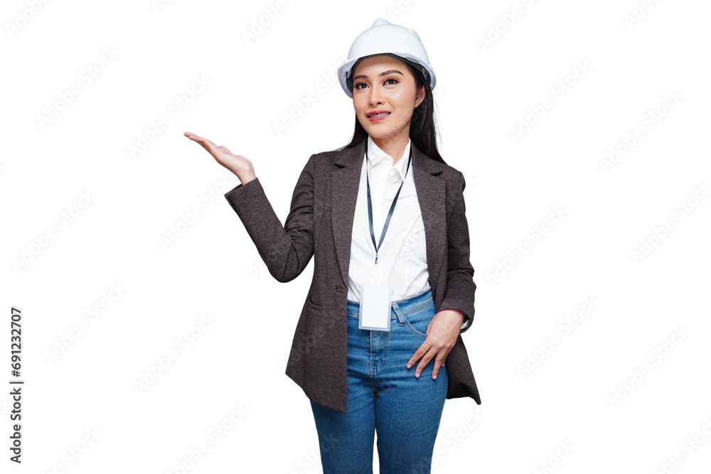 Beautiful female worker wearing a helmet pointing to the side isolated transparent Beautiful female worker wearing a helmet pointing to the side isolated transparent