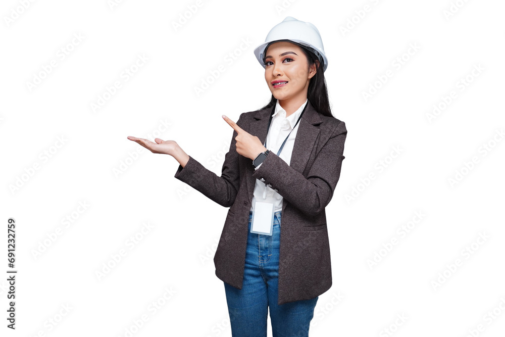 Beautiful female worker wearing a helmet pointing to the side isolated transparent Beautiful female worker wearing a helmet pointing to the side isolated transparent