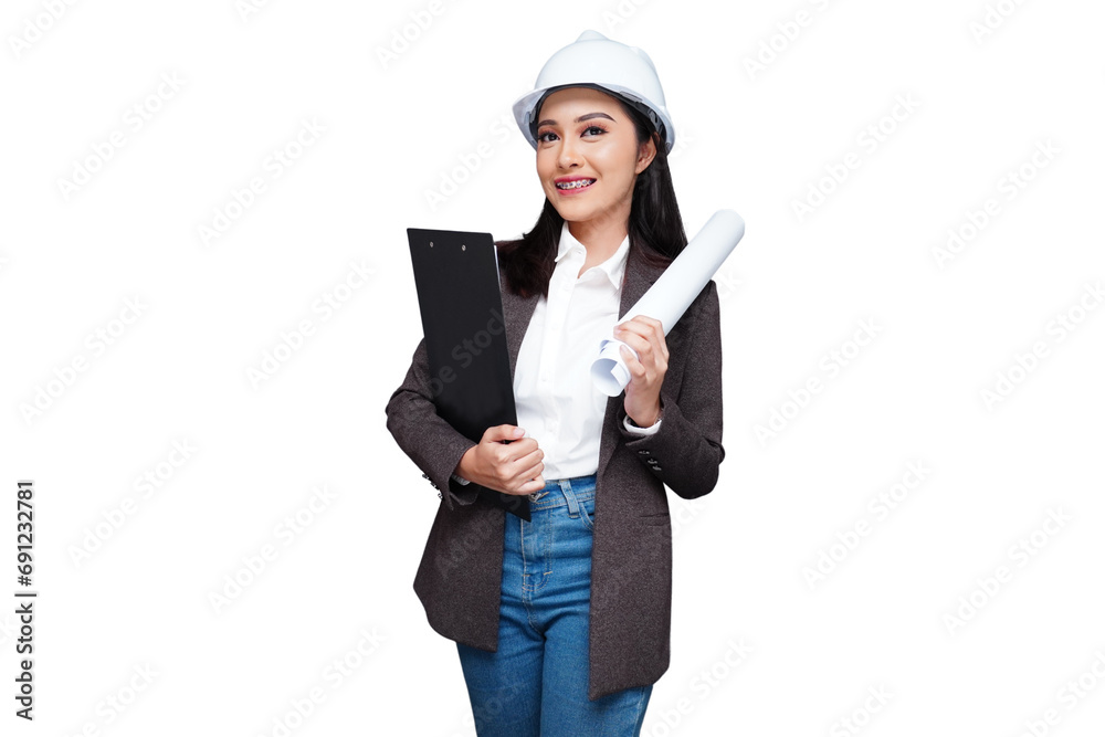 Young female worker wearing a helmet carrying a folder isolated transparent Young female worker wearing a helmet carrying a folder isolated transparent