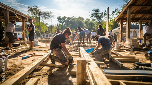 Tablou canvas Empathetic Volunteers Unite to Skillfully Construct Homes, Creating Lasting Impa
