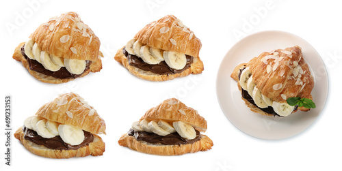 Delicious croissant with sliced banana, chocolate and almond flakes isolated on white, set