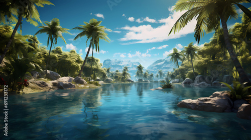 A peaceful island setting with palm trees and a tranquil lagoon photo