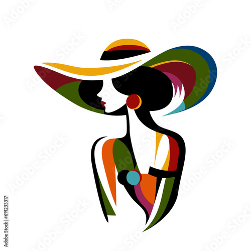 Minimalistyczny portret pięknej kobiety w eleganckim kapeluszu z szerokim rondem. Młoda dziewczyna w geometryczny kolorowy deseń. Ilustracja wektorowa High Fashion.