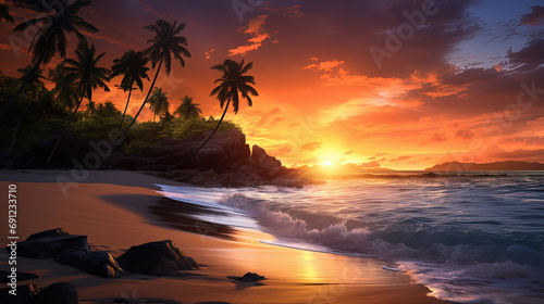 The Majestic Beauty of a Stunning Coastal Landscape Unveiled by the Radiant Sunset, Reflecting Serenity on the Beach