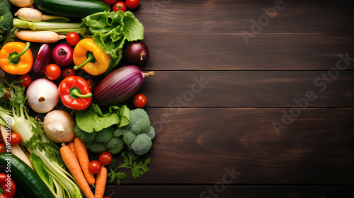 Sustainable Veggie Market, eco-friendly vegetables on a wooden table, top view, text space